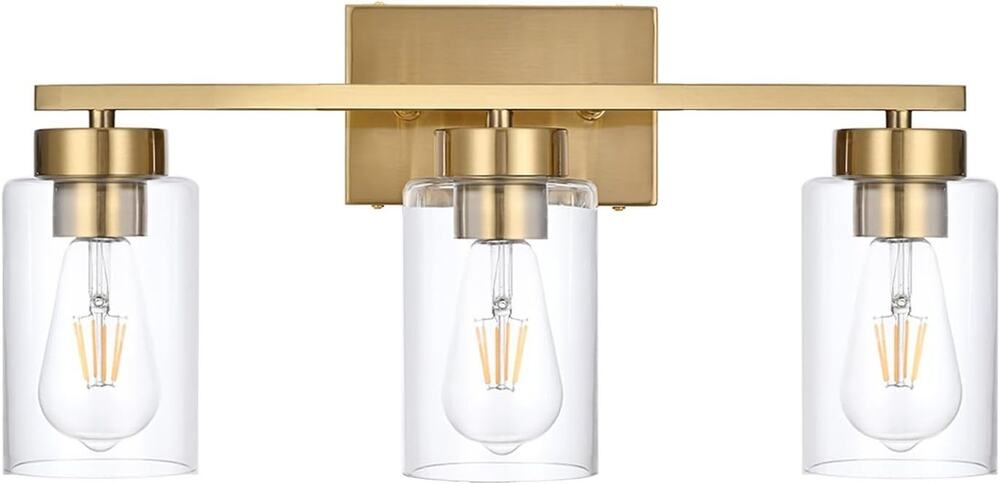 Modern Brushed Gold 3-Light Bathroom Vanity Light with Clear Glass Shades